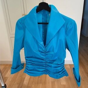 Vintage Turquoise Ruched Button-Cuff Blouse